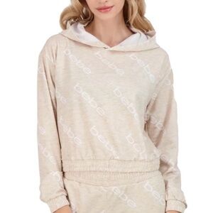 BEBE Logo Printed Cropped Pullover Hoodie in Beige/White
